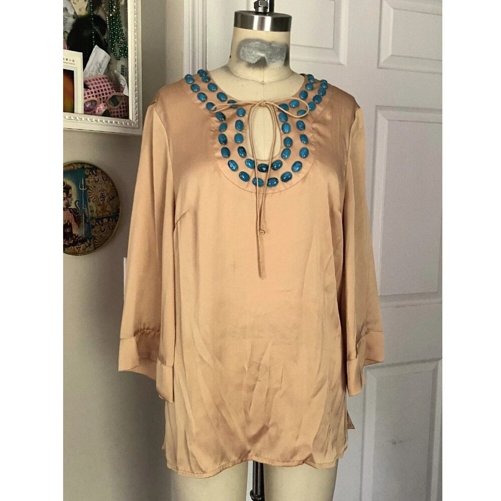 HOT IN HOLLYWOOD Peach Turquoise Collar BOHEMIAN Blouse Tunic Shirt *MEDIUM*
